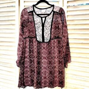 Knox Rose Women's Size XS Oversized Sheer Maroon Bohemian Mini Tunic Boho Dress